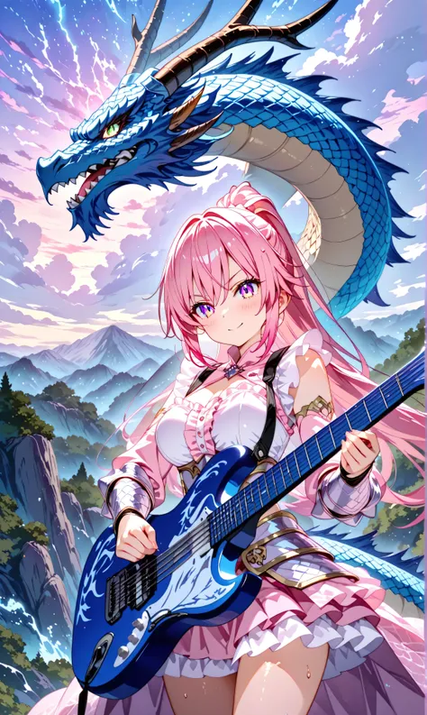 A cowboy shot showcases an ultra-detailed 8K full HD masterpiece with watercolor (0.5) and pastel colors (0.5): a dragon knight girl stands on a live concert stage, captured in a cinematic angle against a stormy sky and cliff stage design. A huge dragon lo...