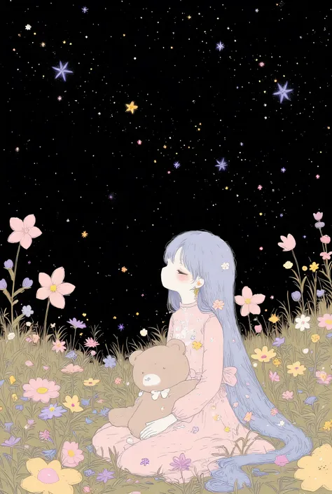 a girl dreaming of grand adventures under the twinkling stars,holding a Little Bear,