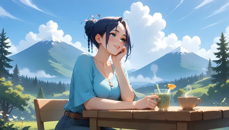 A peaceful café named "Melody Mood" perched on a mountainside, surrounded by misty evergreen forests. The rustic wooden structure blends seamlessly with the landscape, with a breathtaking view of rolling hills below. A woman sits at a table on the outdoor ...