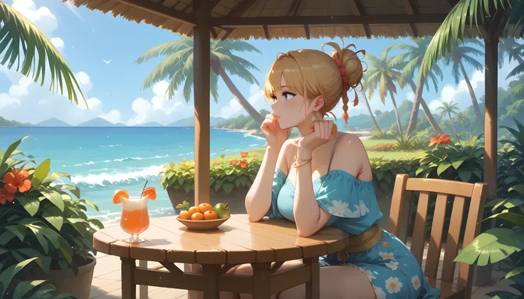 A relaxed café named "Melody Mood" near a tropical coastline, surrounded by lush palm trees and vibrant flowers. The wooden café has a rustic island charm, with a thatched roof and soft string lights hanging around. A woman sits alone at a table with a fre...