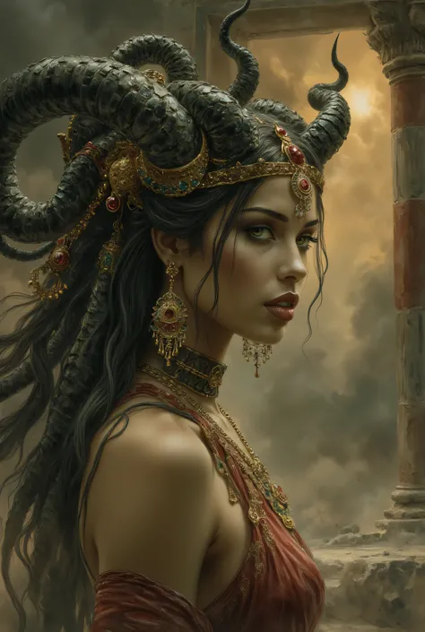 Close-up portrait of a gorgeous Medusa caught in a dynamic pose, as if in a scene from a fantasy film. The Gorgon's, ornate earrings, embellished with beads, gold, & rubies, sway gently in the wind. The background is dark and atmospheric, enhancing the cin...