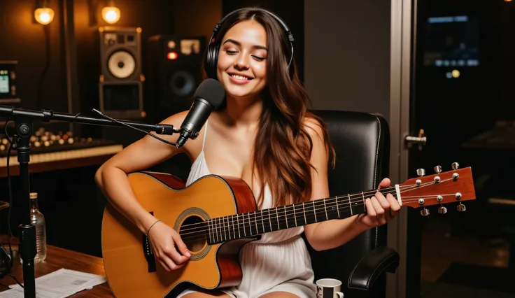 A young woman with long, wavy brown hair and fair skin, She wears a delicate spaghetti strap white dress, sitting in a professional recording studio, playing an acoustic guitar and singing with deep emotion. She wears high-quality studio headphones, her fi...