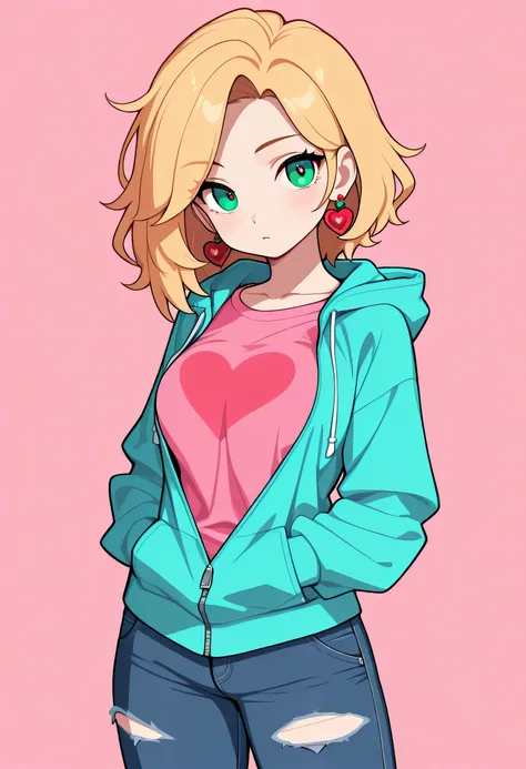 Female + blonde hair + green eyes + blue hoodie (unzipped) + pink T-shirt + blue jeans (ripped) + red earrings (heart shaped) + D-cup breast's + solo