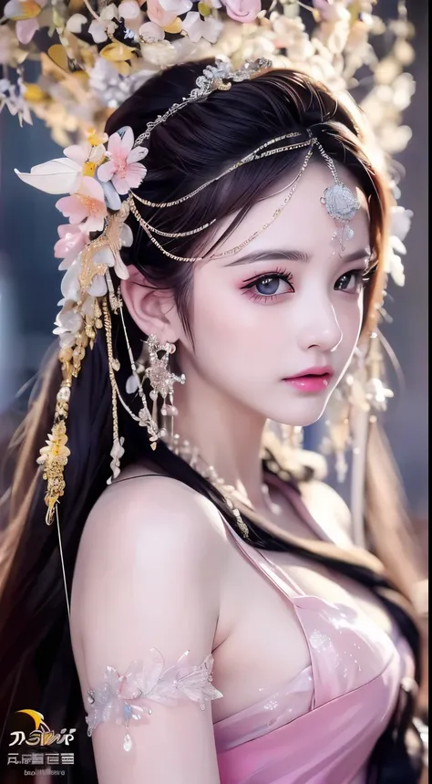 1 20 year old girl, 1 goddess Athena, pink purple silk dress, beautiful goddess Athena face without blemishes, delicate yellow nightgown, long thin sequin nightgown with many sexy black lace details, 1 beautiful thin red silk cloth half veil, female saint ...