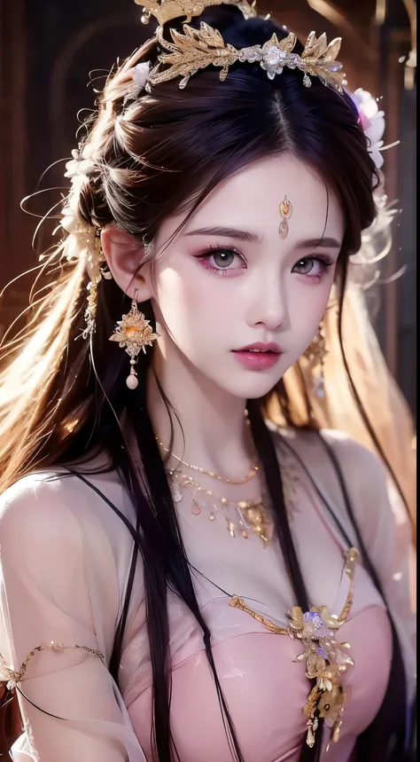 1 20 year old girl, 1 goddess Athena, pink purple silk dress, beautiful goddess Athena face without blemishes, delicate yellow nightgown, long thin sequin nightgown with many sexy black lace details, 1 beautiful thin red silk cloth half veil, female saint ...
