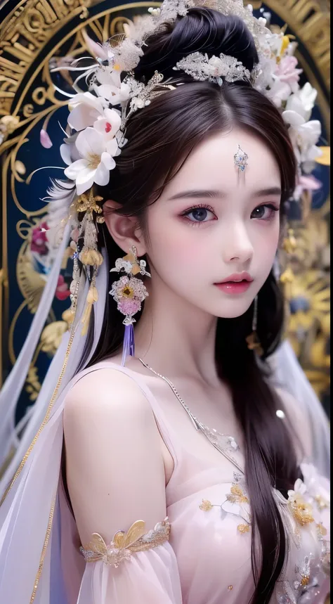 1 20 year old girl, 1 goddess Athena, pink purple silk dress, beautiful goddess Athena face without blemishes, delicate yellow nightgown, long thin sequin nightgown with many sexy black lace details, 1 beautiful thin red silk cloth half veil, female saint ...