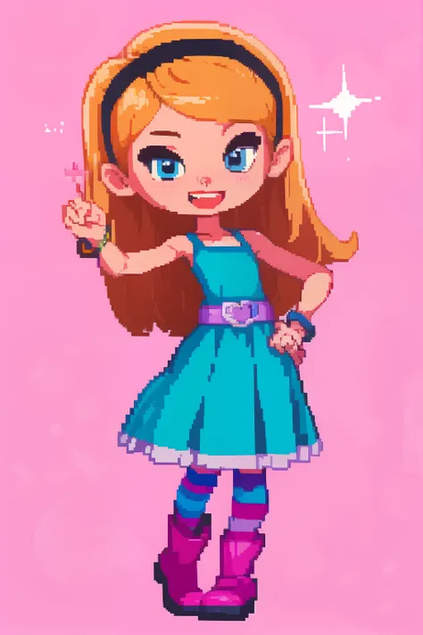 (masterpiece, top quality, best quality), pixel,pixel art,1girl,full body, penny peterson, long hair, blue eyes, 3d, blonde hair, skirt, pleated skirt, white trimmings, frilled skirt, hairband, black hairband, dress, teal dress, lavender belt, blue and pin...