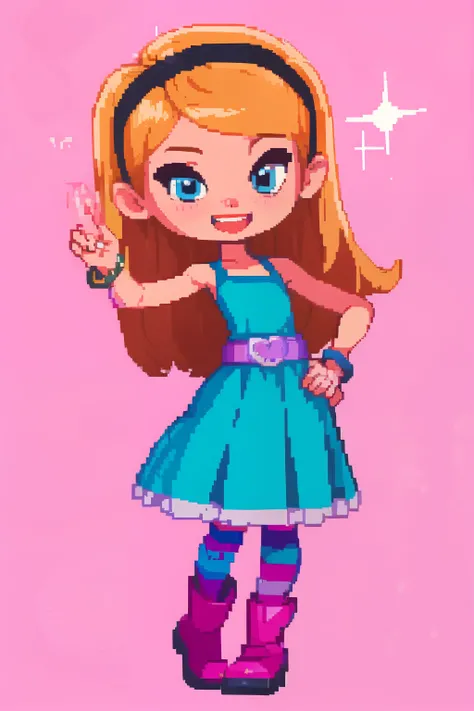 (masterpiece, top quality, best quality), pixel,pixel art,1girl,full body, penny peterson, long hair, blue eyes, 3d, blonde hair, skirt, pleated skirt, white trimmings, frilled skirt, hairband, black hairband, dress, teal dress, lavender belt, blue and pin...