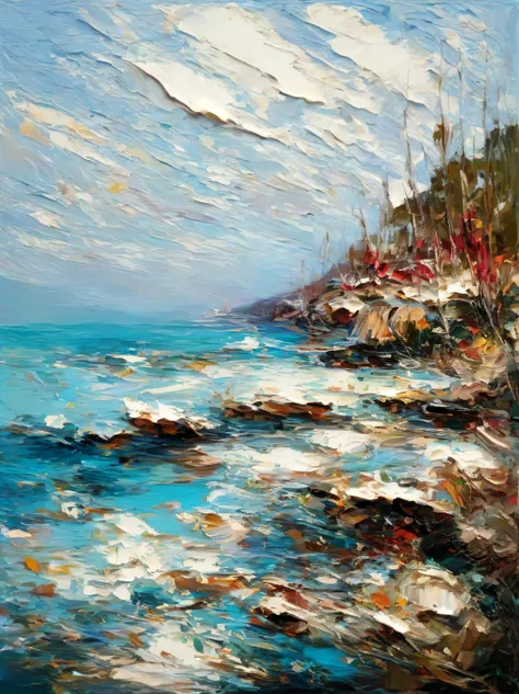 winter sea, very thick impasto impresionismo abstracto, Alta resolución, very thick Impasto. Stylized rough impressionistic painting with large palette-knife