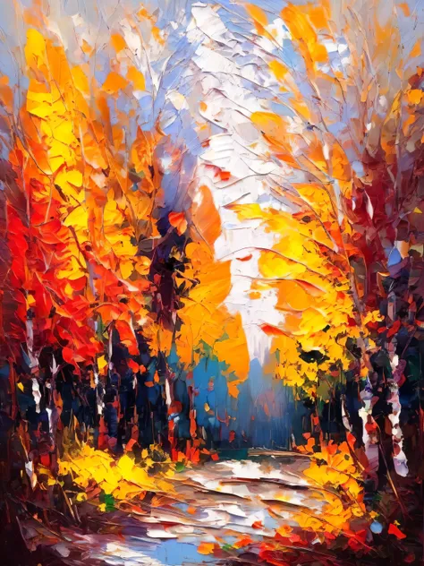 autumn, very thick impasto impresionismo abstracto, Alta resolución, very thick Impasto. Stylized rough impressionistic painting with large palette-knife