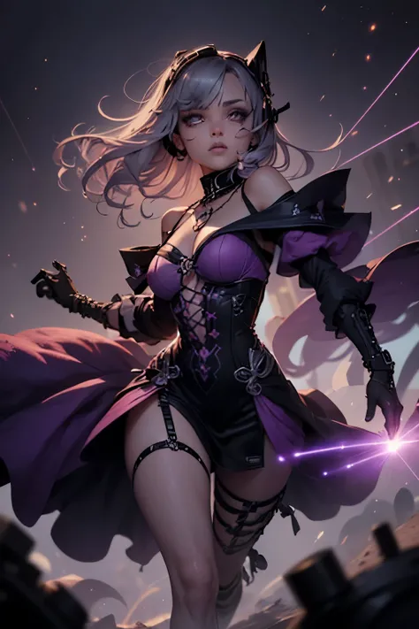 (Ultra-detailed face, Looking away, Gothic Illustration, Dark tone colors. Near future space city background with glowing lines.), BREAK ((A dark elf female assault soldier shoots a laser gun with both hands.:1.3) She is running with her back turned, her b...