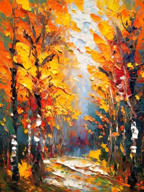 autumn, very thick impasto impresionismo abstracto, Alta resolución, very thick Impasto. Stylized rough impressionistic painting with large palette-knife
