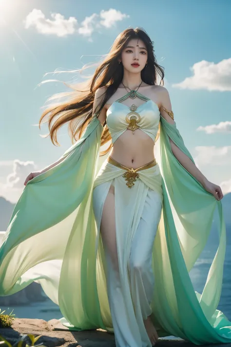 Ancient Chinese Women,Female God,The deities, 25 age old, Handsome and sexy,white silk gauze,golden fairy costume,Exquisite clothing patterns,Exquisite jadeite pendant,Barefoot,Shoulders bare,exposing your navel,DAY TIME,Beneath your feet is clouds and mis...