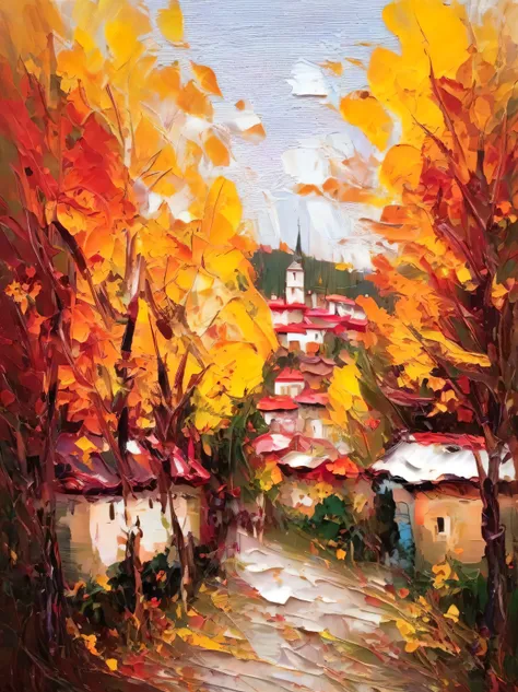autumn in small village, very thick impasto impresionismo abstracto, Alta resolución, very thick Impasto. Stylized rough impressionistic painting with large palette-knife