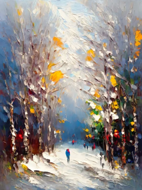 cold winter, few people , very thick impasto impresionismo abstracto, Alta resolución, very thick Impasto. Stylized rough impressionistic painting with large palette-knife