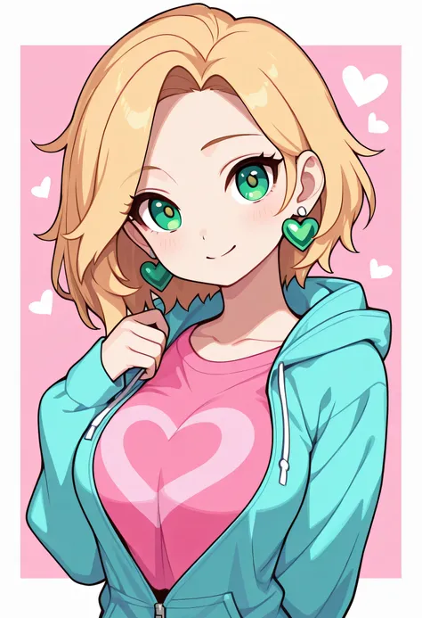 Female + blonde hair + green eyes + blue hoodie (unzipped) + pink T-shirt + earrings (heart shaped) + D-cup breast's + solo + face shot