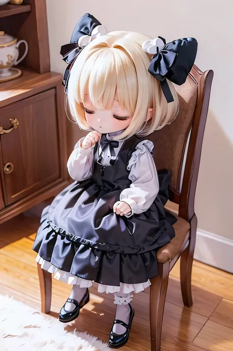 
         rabbit girl        、         chibi    、     young girl、       tea in a tea room wearing gothic lolita clothes、chair in a half-sleeping position