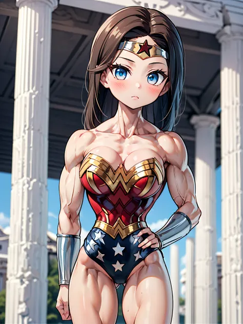 (one asian cute girl:1.5), (muscular:1.6), (thick thighs:1.5), (long straight hair:1.5), (narrow waist:2.0), (upper body view), (perfectly round huge breasts, cleavage:1.0), (wonder woman:1.3), (body suit:1.4), detailed eyes, (oversize biceps:1.5), rim lig...