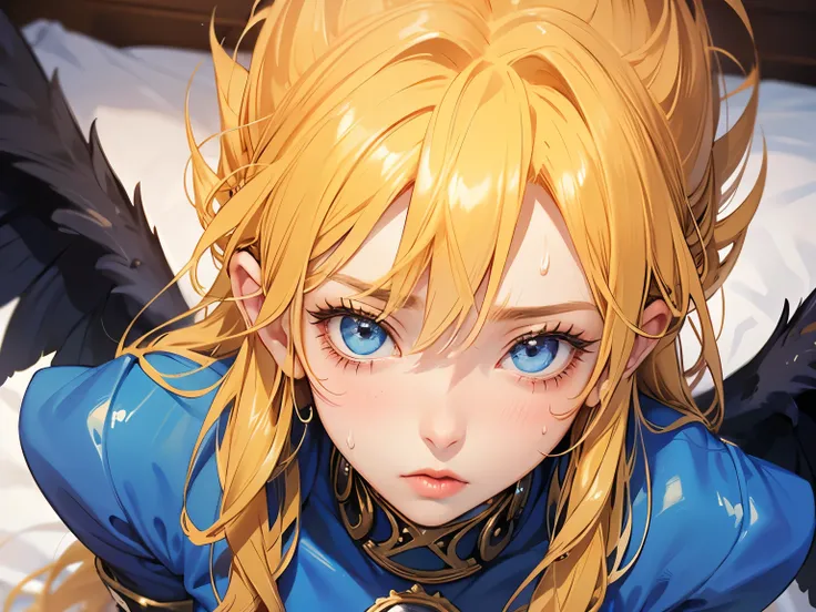 The old inn 、Kneeling in bed 、shot from above、Nina、breath of fire2, Gold、blue dress、pantyhose, black wings、face close up,Blowjob、(blushes、sweat、sad、orgasm、sweat)