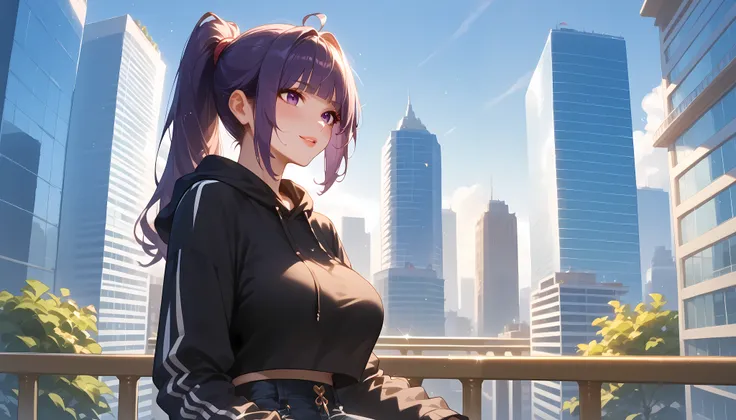 "A girl with a nice body and nice breasts sits elegantly on a high-rise balcony café with a breathtaking view of the city skyline. Her purple hair is styled into a sleek high ponytail, and she wears a designer cropped hoodie and form-fitting joggers. The c...