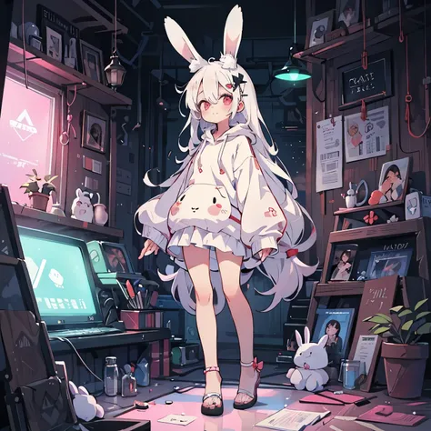 A young albino rabbit beastkin girl with long, silky white hair and bright red eyes. She has soft, innocent-looking eyes and a petite, delicate frame. She wears an oversized hoodie that reaches mid-thigh, making it seem like she’s not wearing any bottoms. ...