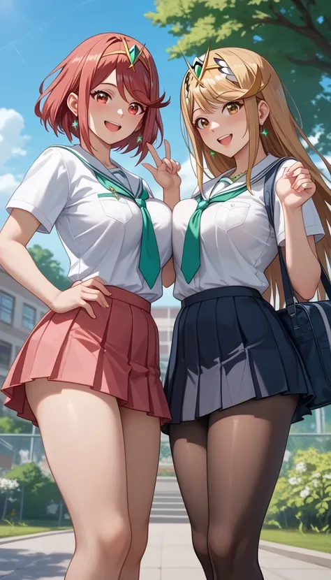 score_9, score_8_up, score_7_up,  source_anime、top quality、8k、 masterpiece、ultra high definition、 natural light、perfect anatomy、 perfect eye、beautiful eyes、((((two women))))、medium breasts、saggy breasts:1.2、Pyra , mythra, (school uniform、pantyhose)、((happy...
