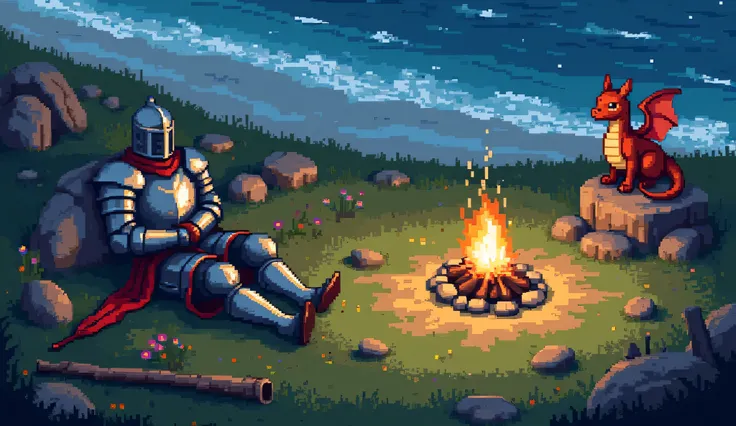 A detailed pixel art scene of a medieval knight in full plate armor, lying on a grassy hill near a sandy beach with gentle ocean waves. The knight is resting with arms crossed over his chest, wearing a red belt and silver armor. His helmet is closed, and h...