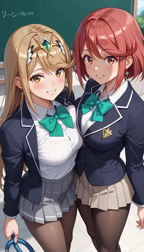 score_9, score_8_up, score_7_up,  source_anime、top quality、8k、 masterpiece、ultra high definition、 natural light、perfect anatomy、 perfect eye、beautiful eyes、((((two women))))、medium breasts、saggy breasts:1.2、Pyra , mythra, (high school uniform、blazer from a...