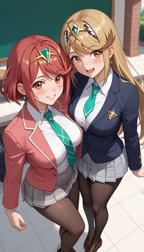 score_9, score_8_up, score_7_up,  source_anime、top quality、8k、 masterpiece、ultra high definition、 natural light、perfect anatomy、 perfect eye、beautiful eyes、((((two women))))、medium breasts、saggy breasts:1.2、Pyra , mythra, (school uniform、blazer from above ...