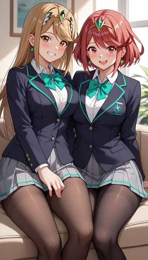 score_9, score_8_up, score_7_up,  source_anime、top quality、8k、 masterpiece、ultra high definition、 natural light、perfect anatomy、 perfect eye、beautiful eyes、((((two women))))、medium breasts、saggy breasts:1.2、Pyra , mythra, (school uniform、blazer、miniskirt、p...