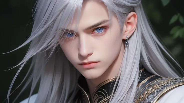 ((Best Quality)), ((masterpiece)), ( details), Close, male,Hair color is silver,medium hair,Eyes with a sharp but gentle expression,eye color is light purple, has bangs
