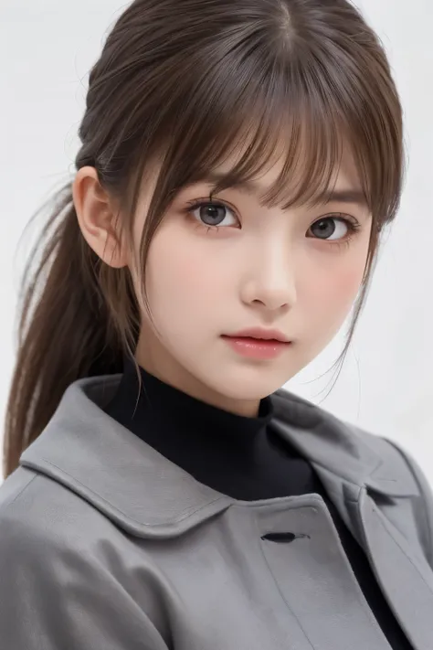 1girl, (a beauty girl, delicate girl, beautiful girl, innocent girl:1.3), (10yo:1.3),
break, (light gray longcoat:1.28), (cowboy shot, skirt),
break, (white background:1.3),
break, very fine eyes, (symmetrical eyes:1.3),
break, (flat breasts:0.5), (round f...