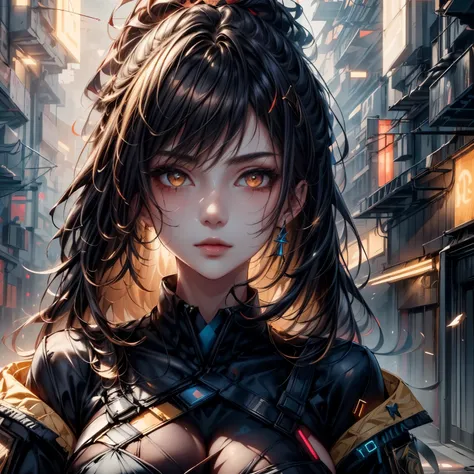 ((best quality)), ((Masterpiece)), ((Enrich the picture,Masterpiece level quality)), golden hair, high ponytail, very big breasts, golden eyes, fierce woman, ultra eyes details, Image of a beautiful cyberpunk woman, FBI uniform, best quality, RAW 4K, Real...