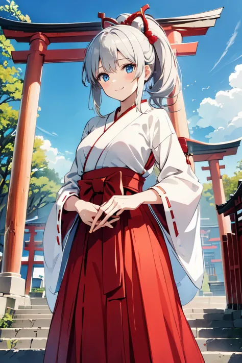 best quality, a girl, Japanese shrine maiden, miko, red hakama, miko_dress,, silver ponytail, blue eyes, smile, standing, shrine torii, morning, looking at viewer, sunny sky,