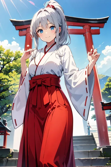 best quality, a girl, Japanese shrine maiden, miko, red hakama, miko_dress,, silver ponytail, blue eyes, smile, standing, shrine torii, morning, looking at viewer, sunny sky,