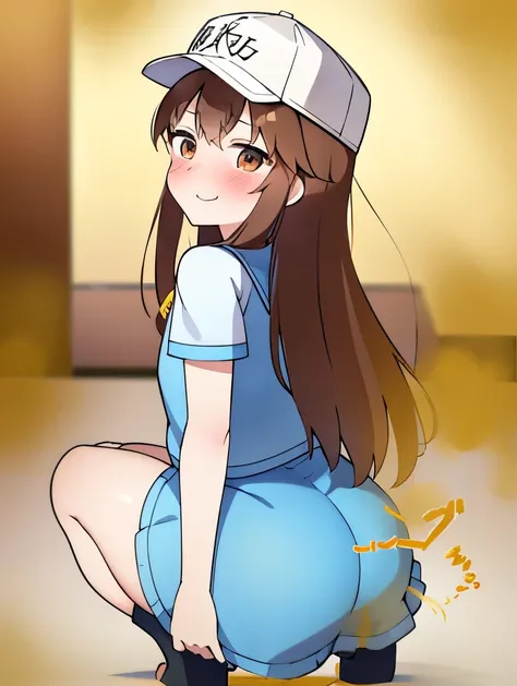  Thrombocyte-chan 、Platelets、8k、must-have、anime、fart、shyness、blush、a lot of gas、Gas comes out of the butt、Anime Chick 、full body photo、、White cap、brown hair、long hair、Kindergarteners、blue clothes with top and bottom connected、Blue skirt、Are standing、Satisf...