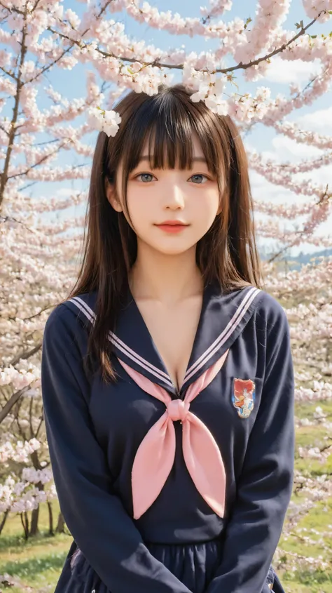 (full_body_shot:2), (8k, RAW photography:2), (masterpiece:1.8), (realistic:1.8), (photorealistic:1.8), professional lighting, (highly detailed:1.7), (deliberate expression:1.5), (The girl is wearing a navy blue long-sleeved sailor suits with pink lines.), ...