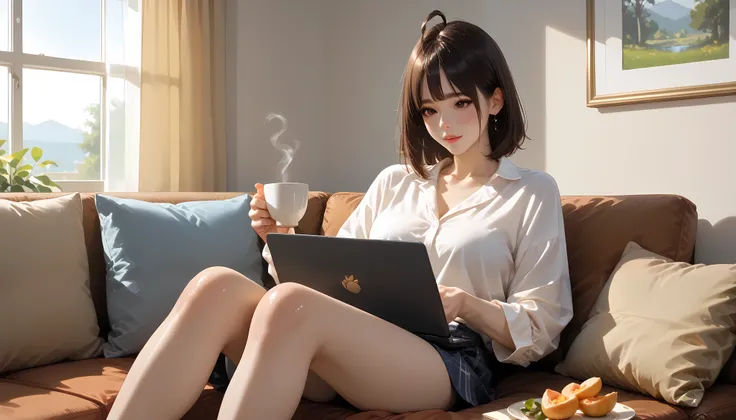 "A beautiful face and nice body, a woman sitting on a couch, working on her laptop with a focused expression." She is wearing relaxed loungewear, with a cozy blanket draped over her legs. A cup of tea and a notebook are nearby, creating a comfortable and p...
