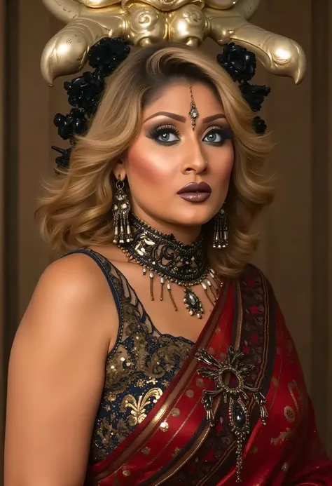 high quality full body Closeup shot, slim arms, milf, demoness mommy, sexy sleeveless blouse, sensual demoness, queen of the dark world, mother of demons, heavy breasts Indian aunty, attractive figure, huge massive breast, cougar lady witch, horny Gothic m...
