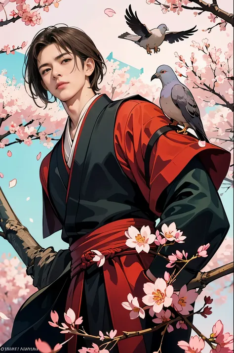 “A realistic, high-resolution image of a pigeon flying through the air and gracefully landing on the shoulder of a Japanese ninja. The ninja, dressed in traditional dark garb, stands under blooming pink sakura trees, their petals floating gently on the bre...