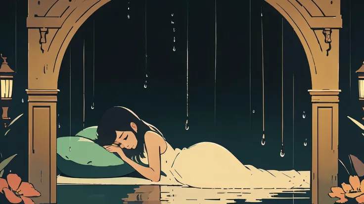 A young woman sleeping peacefully, her face serene, as soft harp music and gentle raindrops create a soothing, dreamlike atmosphere around her. The scene has a calming, tranquil quality, inviting the viewer to experience a moment of peaceful repose.