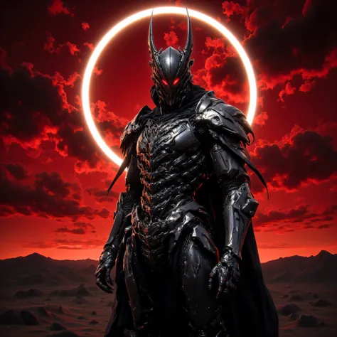 Under the red sky of an apocalyptic eclipse , cyber knight, steel ears on the helmet