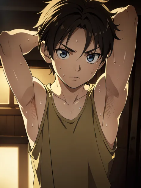 masterpiece, 1 young boy, shota, tank top, armpit, photorealistic, hyperrealistic, highly detailed, 8k, intricate details, chiaroscuro lighting, dramatic lighting, detailed facial features, expressive eyes, natural skin tones, sweat glistening, detailed fa...