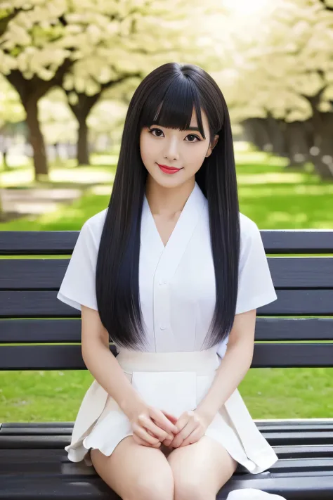 (perfectly shot the entire head from the knee)(I photographed a female college student in a spring park)(She is sitting on a park bench with her bag in an elegant style)(The perfect face of the most beautiful Japanese female college student)(Best Quality)(...