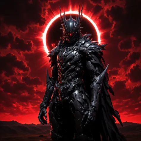 Under the red sky of an apocalyptic eclipse , cyber knight, steel ears on the helmet