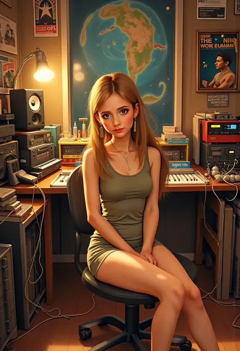 Young beauty Buffy Summers sits in a cozy home studio composing music, creative atmosphere , joy and comfort, warm, lots of posters with old wall games, lots of audio equipment and wires, perfect body, perfect figure, perfect sweet young face, pigtails, be...