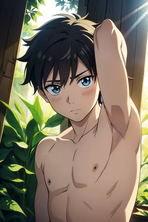 boy, masterpiece, hight quality, 1boy, Boy, young boy, armpit, a young boy, portrait, masterpiece, 1boy, high quality, detailed facial features, expressive eyes, soft skin, subtle blush, delicate features, armpit, lush foliage, warm lighting, golden hour, ...