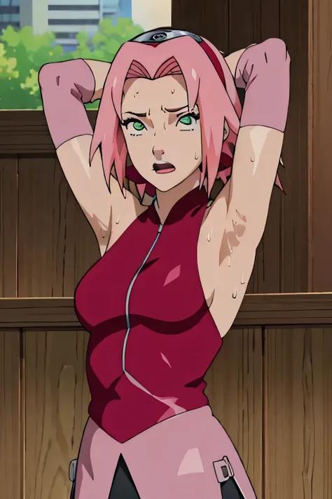 Sakura Haruno,human woman with fair skin.with green eyes and red clothing. Her hair is long and pink in color; She is beautiful. Fair skin.Tsundere face. Pink eye shading,mature appearance,armpits,sweat,sweaty,sweaty armpits,arms up,showing armpits,awesome...