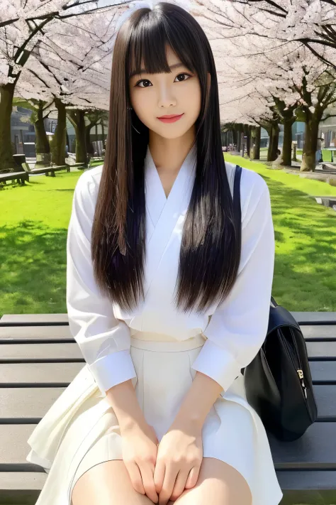 (I perfectly photographed my whole body from knee to head)(I took a picture of a female college student in a spring park)(she is sitting on a park bench with her bag in an elegant style)(perfect face of the most beautiful Japanese female college student)(B...