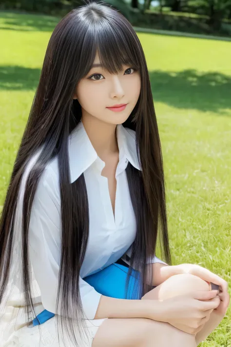 (I perfectly photographed my whole body from knee to head)(I took a picture of a female college student in a spring park)(she is sitting on a park bench with her bag in an elegant style)(perfect face of the most beautiful Japanese female college student)(B...